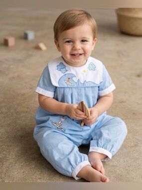 Alison Scott Vintage Blue Baby Romper with Embroidered Details Surfer
